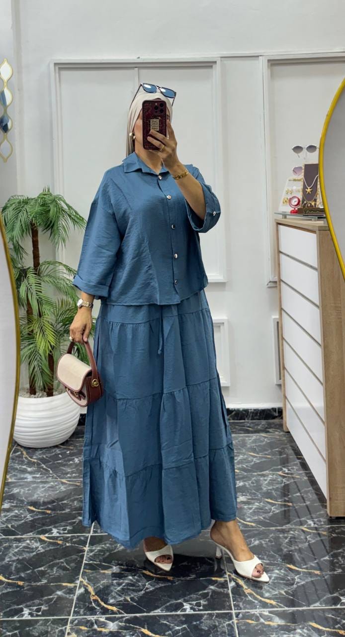 Ensemble Femme 2 Pièces – Chemise & Jupe Longue Élégante