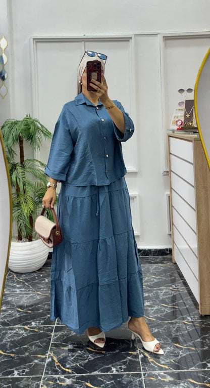 Ensemble Femme 2 Pièces – Chemise & Jupe Longue Élégante
