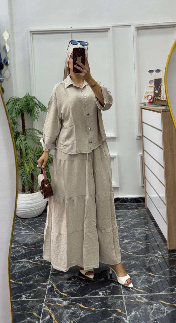Ensemble Femme 2 Pièces – Chemise & Jupe Longue Élégante
