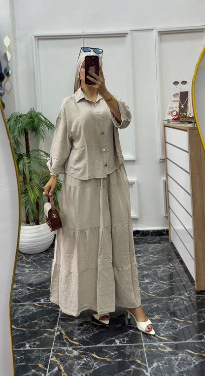 Ensemble Femme 2 Pièces – Chemise & Jupe Longue Élégante