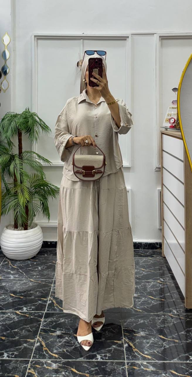 Ensemble Femme 2 Pièces – Chemise & Jupe Longue Élégante